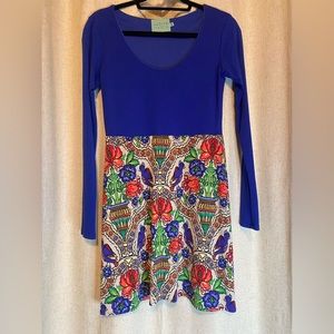 Royal blue and colorful printed Judith March long-sleeve dress.